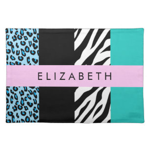 Leopard Print, Zebra Print, Blue, Your Name Cloth Placemat