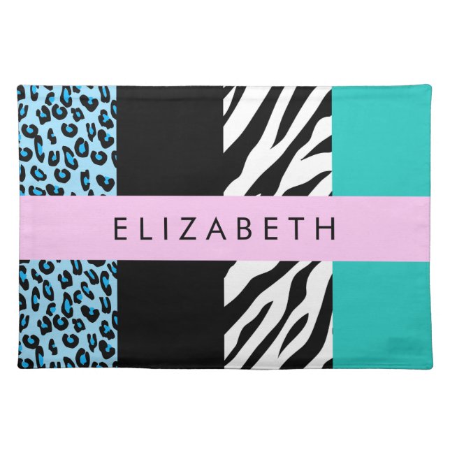 Leopard Print, Zebra Print, Blue, Your Name Cloth Placemat (Front)