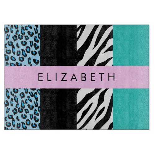 Leopard Print Zebra Print Blue Your Name Cutting Board