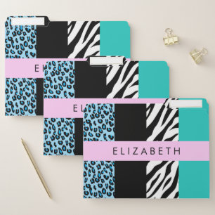 Leopard Print, Zebra Print, Blue, Your Name File Folder