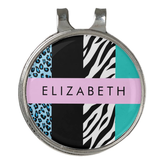 Leopard Print, Zebra Print, Blue, Your Name Golf Hat Clip (Front)