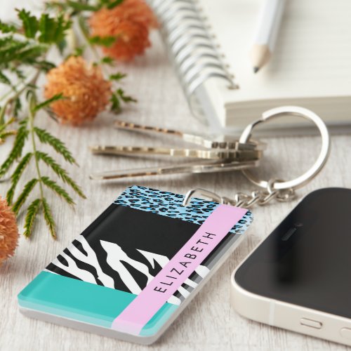 Leopard Print Zebra Print Blue Your Name Keychain