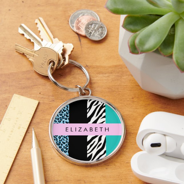 Leopard Print, Zebra Print, Blue, Your Name Keychain (Desk)