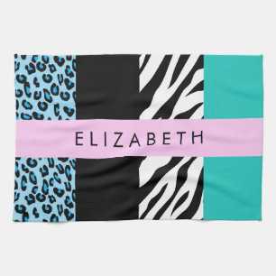 Leopard Print, Zebra Print, Blue, Your Name Kitchen Towel