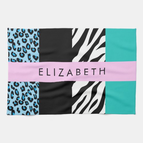 Leopard Print Zebra Print Blue Your Name Kitchen Towel