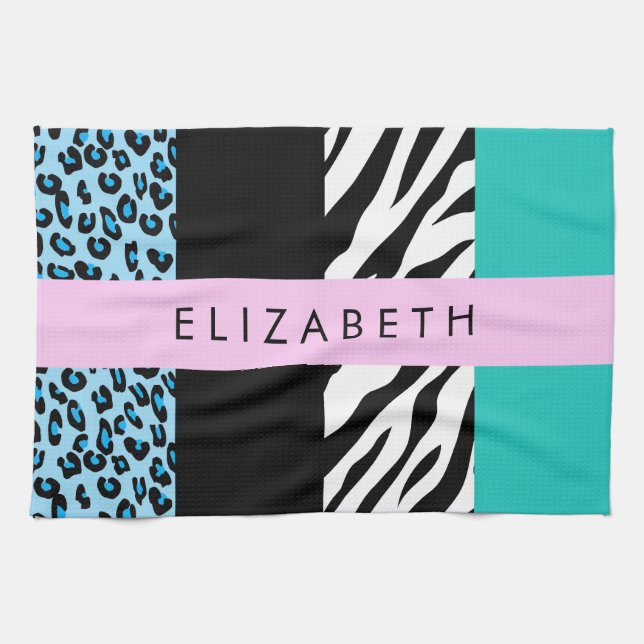 Leopard Print, Zebra Print, Blue, Your Name Kitchen Towel (Horizontal)