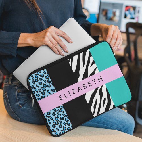 Leopard Print Zebra Print Blue Your Name Laptop Sleeve