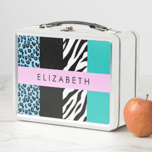 Leopard Print, Zebra Print, Blue, Your Name Metal Lunch Box