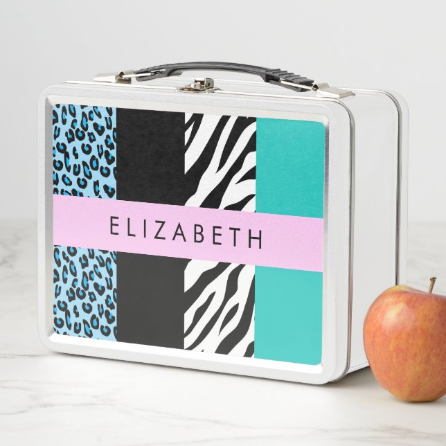 Leopard Print, Zebra Print, Blue, Your Name Metal Lunch Box (In Situ)