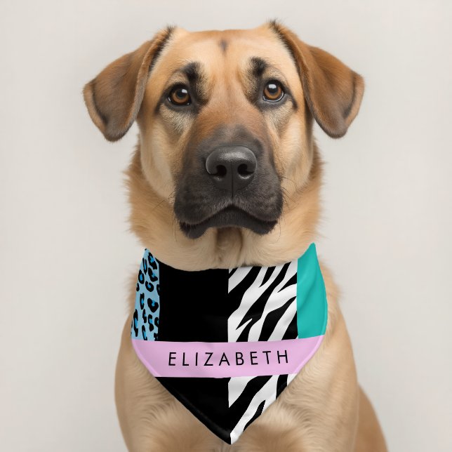 Leopard Print, Zebra Print, Blue, Your Name Pet Bandana Collar (Dog 2)
