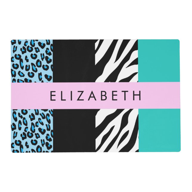 Leopard Print, Zebra Print, Blue, Your Name Placemat (Front)
