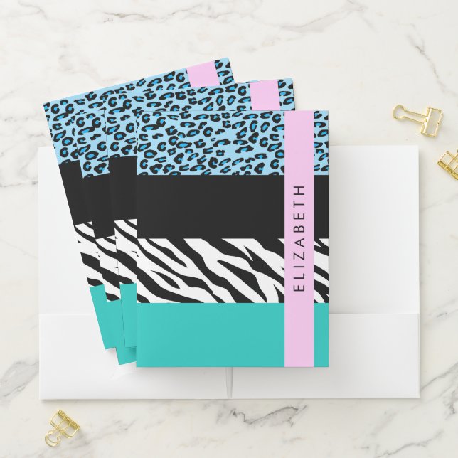 Leopard Print, Zebra Print, Blue, Your Name Pocket Folder (In Situ)