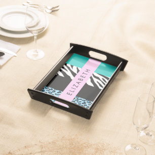 Leopard Print, Zebra Print, Blue, Your Name Serving Tray