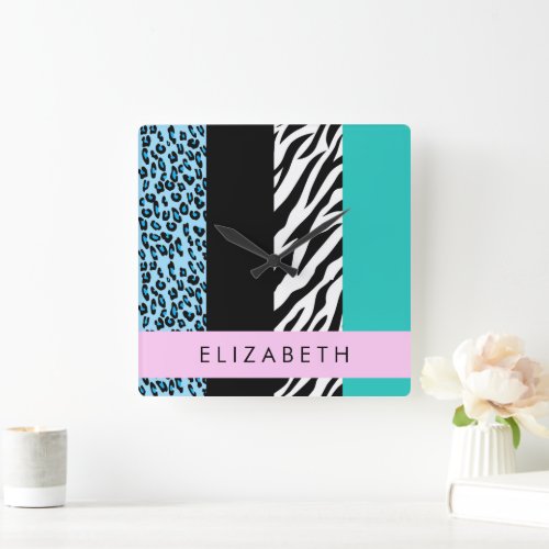 Leopard Print Zebra Print Blue Your Name Square Wall Clock