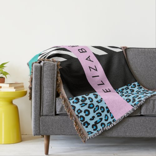 Leopard Print Zebra Print Blue Your Name Throw Blanket