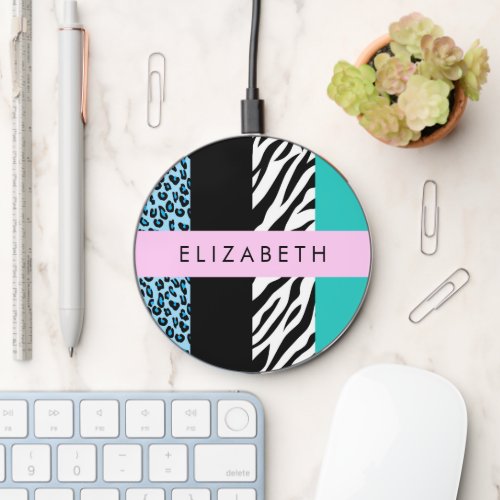 Leopard Print Zebra Print Blue Your Name Wireless Charger