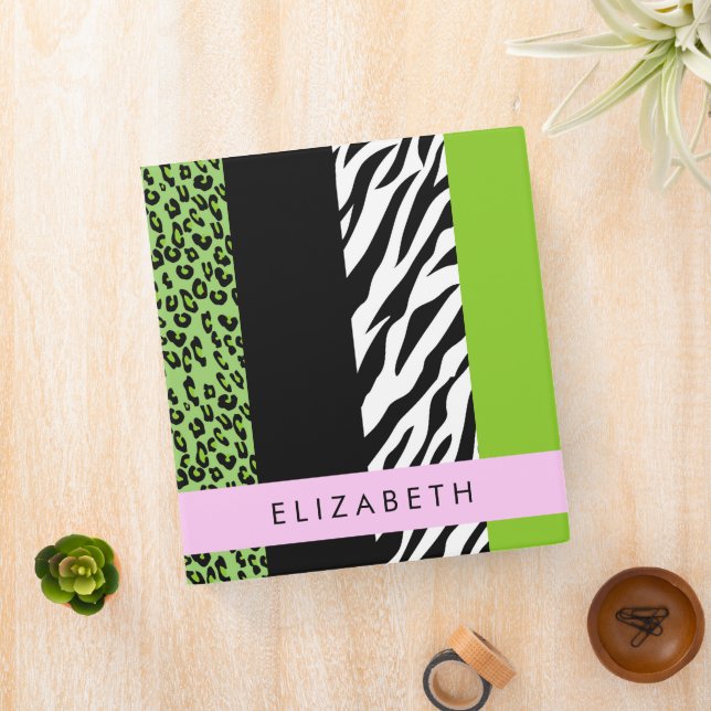 Leopard Print, Zebra Print, Green, Your Name 3 Ring Binder (In Situ)
