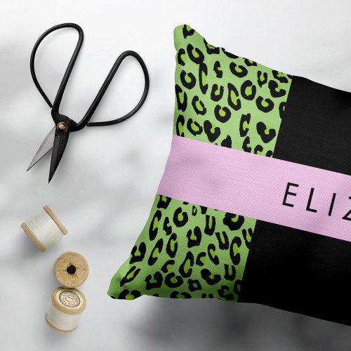 Leopard Print Zebra Print Green Your Name Accent Pillow