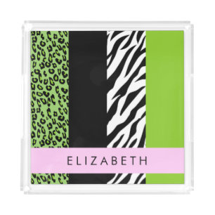 Leopard Print, Zebra Print, Green, Your Name Acrylic Tray