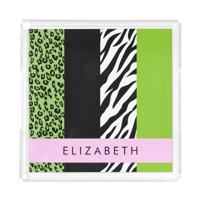 Leopard Print, Zebra Print, Green, Your Name Acrylic Tray (Front)