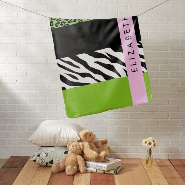Leopard Print, Zebra Print, Green, Your Name Baby Blanket (In Situ)