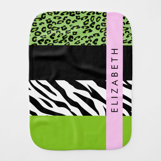 Leopard Print, Zebra Print, Green, Your Name Baby Burp Cloth (Front)