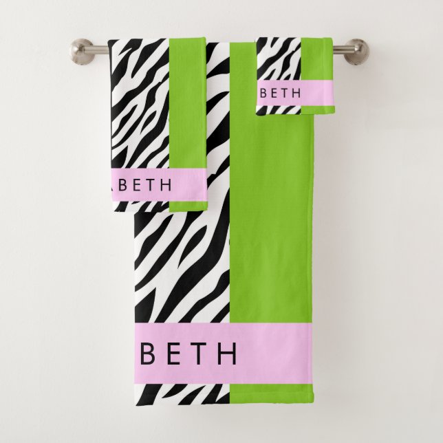 Leopard Print, Zebra Print, Green, Your Name Bath Towel Set (Insitu)