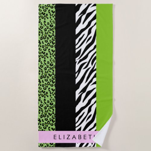 Leopard Print Zebra Print Green Your Name Beach Towel