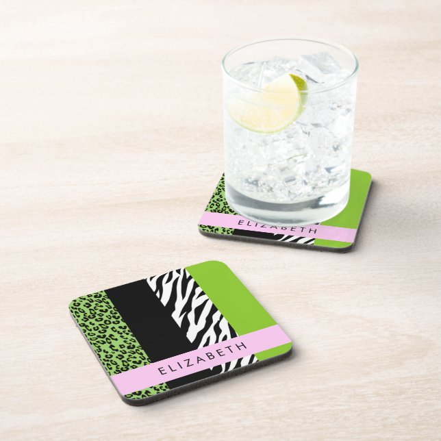 Leopard Print, Zebra Print, Green, Your Name Beverage Coaster (Right Side)