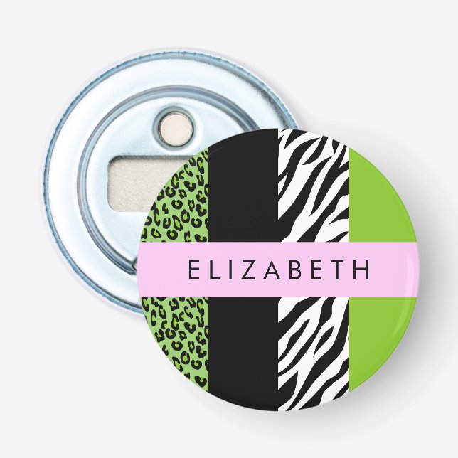 Leopard Print, Zebra Print, Green, Your Name Bottle Opener (Front)