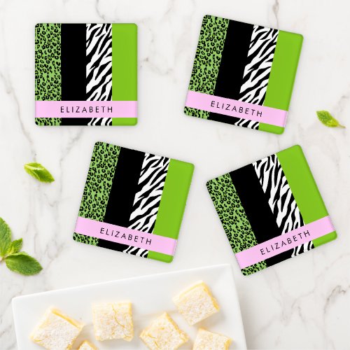 Leopard Print Zebra Print Green Your Name Coaster Set