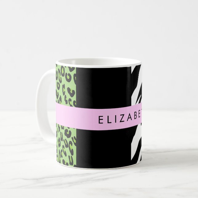 Leopard Print, Zebra Print, Green, Your Name Coffee Mug (Front Left)