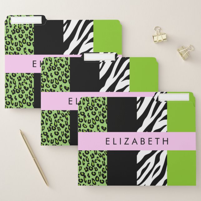 Leopard Print, Zebra Print, Green, Your Name File Folder (Set)