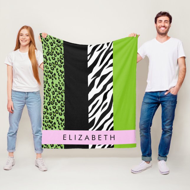 Leopard Print, Zebra Print, Green, Your Name Fleece Blanket (In Situ)
