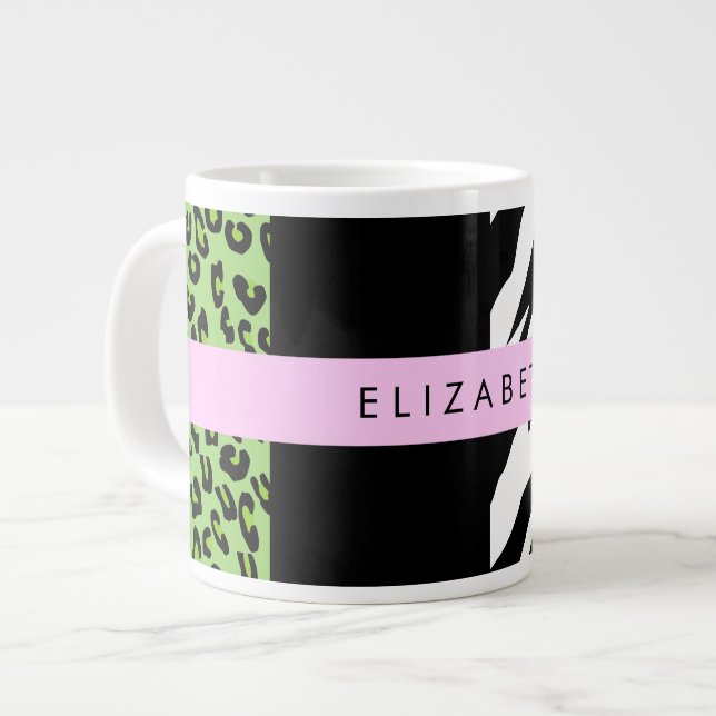 Leopard Print, Zebra Print, Green, Your Name Giant Coffee Mug (Front Left)