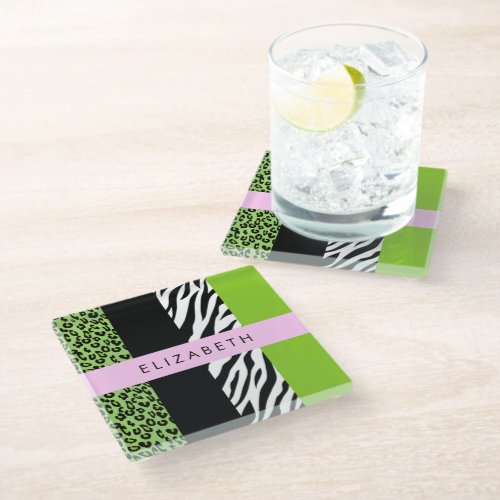 Leopard Print Zebra Print Green Your Name Glass Coaster