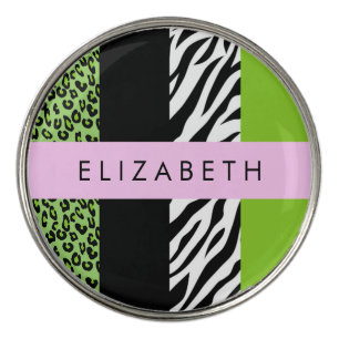 Leopard Print, Zebra Print, Green, Your Name Golf Ball Marker