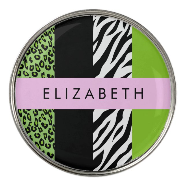 Leopard Print, Zebra Print, Green, Your Name Golf Ball Marker (Front)