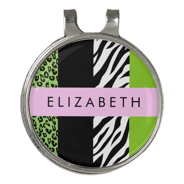 Leopard Print, Zebra Print, Green, Your Name Golf Hat Clip (Front)