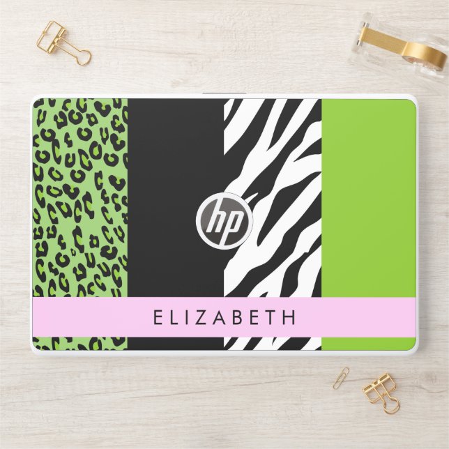 Leopard Print, Zebra Print, Green, Your Name HP Laptop Skin (Desk)