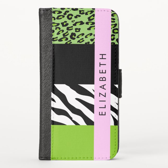 Leopard Print, Zebra Print, Green, Your Name iPhone Wallet Case (Front)
