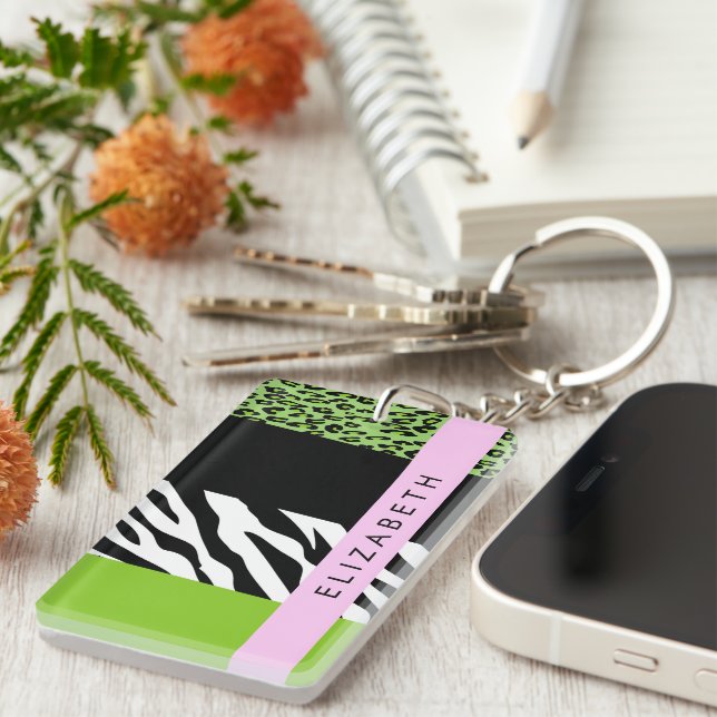Leopard Print, Zebra Print, Green, Your Name Keychain (Front Right)