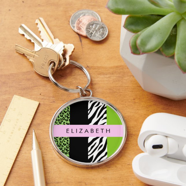 Leopard Print, Zebra Print, Green, Your Name Keychain (Desk)