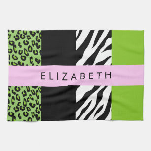 Leopard Print, Zebra Print, Green, Your Name Kitchen Towel