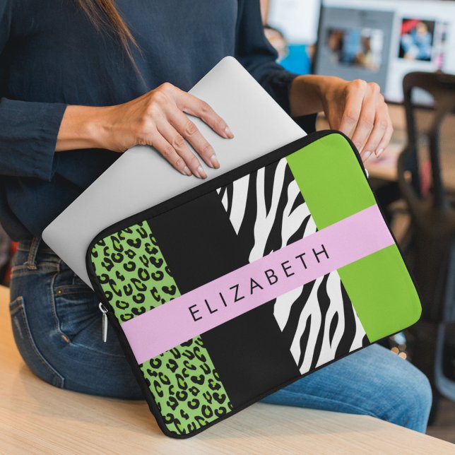 Leopard Print, Zebra Print, Green, Your Name Laptop Sleeve (Creator Uploaded)