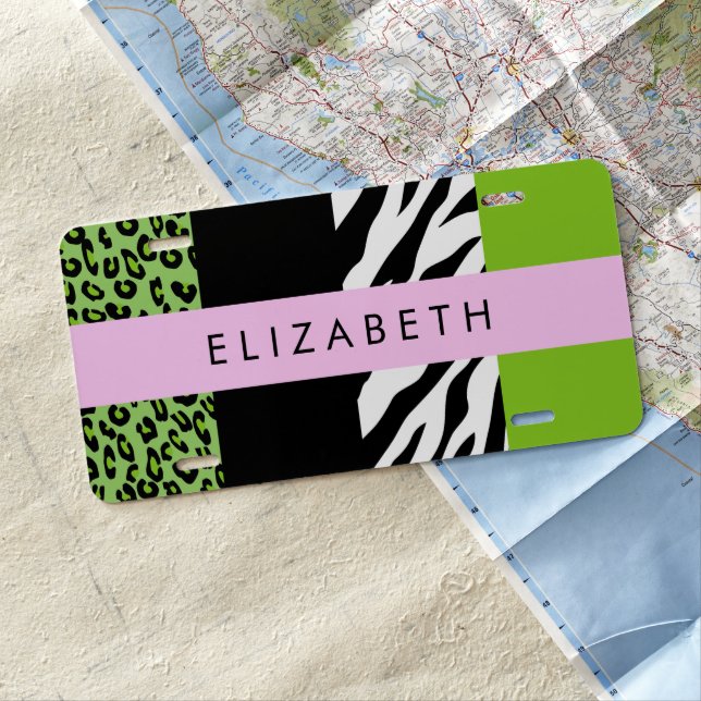 Leopard Print, Zebra Print, Green, Your Name License Plate (In Situ)