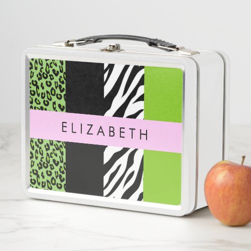 Leopard Print Zebra Print Green Your Name Metal Lunch Box