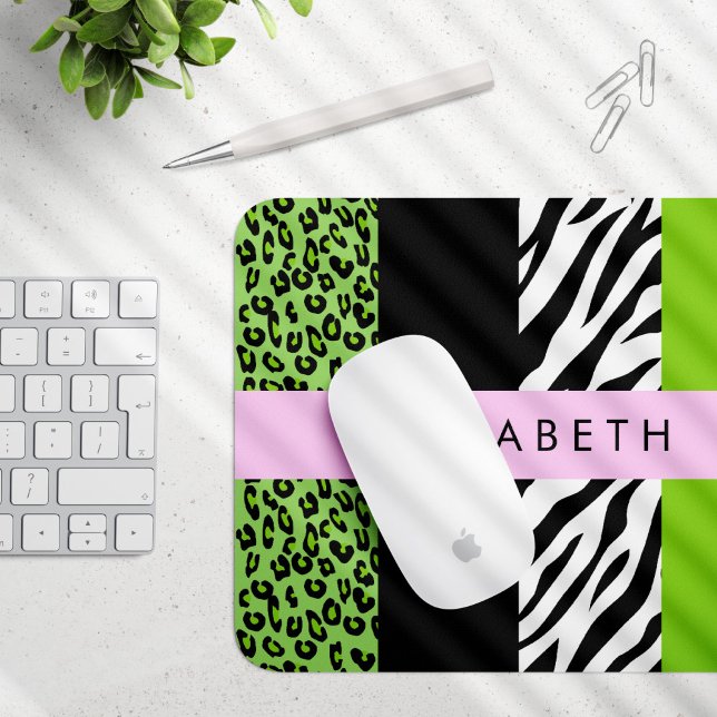 Leopard Print, Zebra Print, Green, Your Name Mouse Pad (Creator Uploaded)