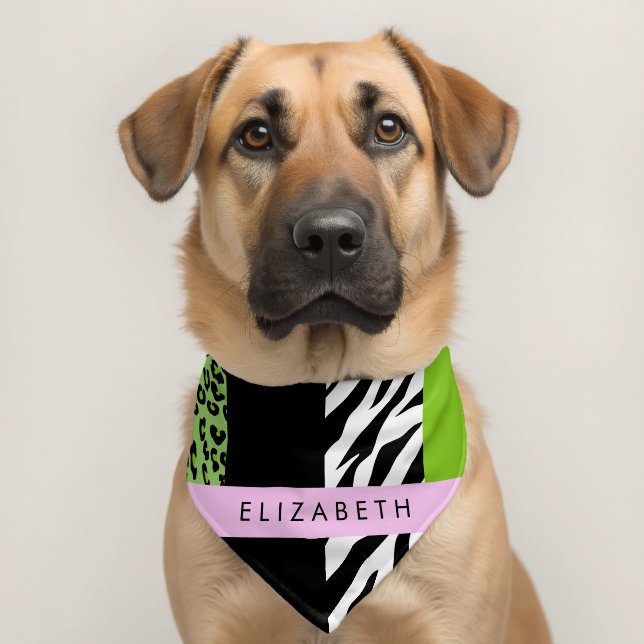 Leopard Print, Zebra Print, Green, Your Name Pet Bandana Collar (Dog 2)