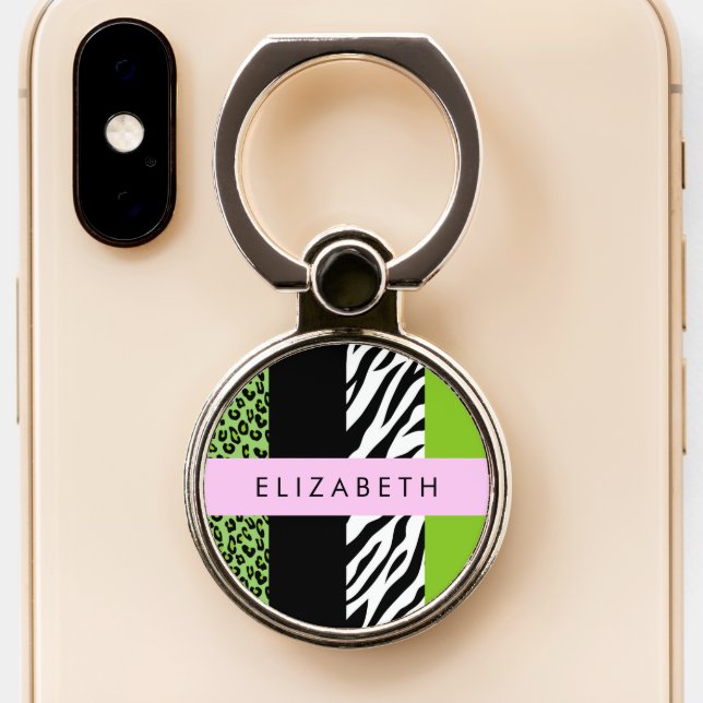 Leopard Print, Zebra Print, Green, Your Name Phone Ring Stand (Close Up)